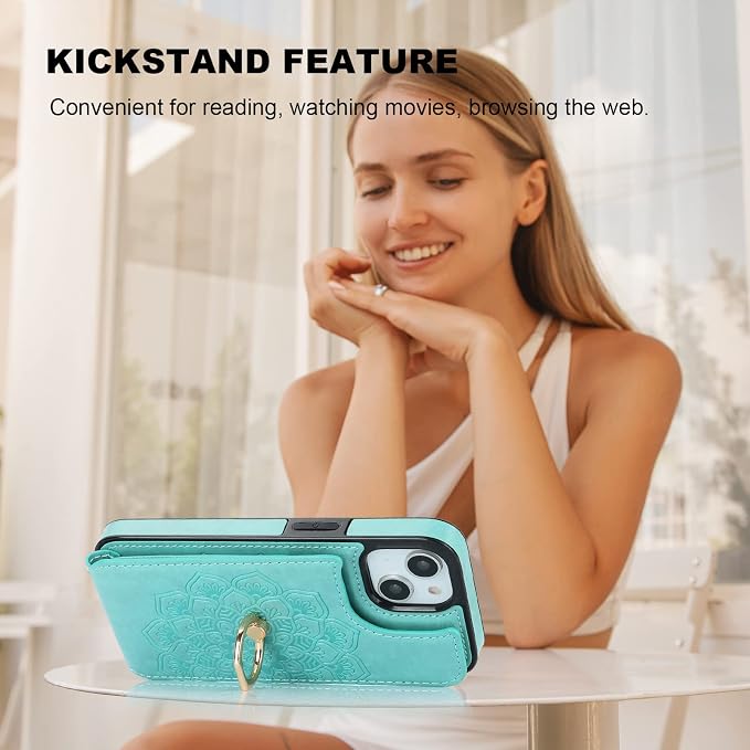 HAOPINSH for iPhone 13/ iPhone 14 Wallet Case with Card Holder, 360°Rotation Ring Kickstand, Green Mandala Pattern, RFID Blocking Leather for Girls Women, Double Buttons Flip Protective Cover 6.1"