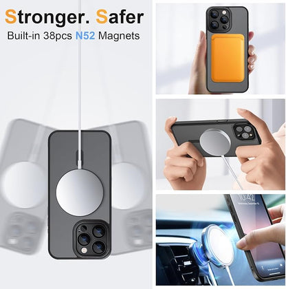 ROYBENS for iPhone 13 Pro-Max Matte Clear Case Compatible with Magsafe, Full Camera Lens Protection, Screen Protector, Wrist Strap, Translucent Magnetic Slim Hard Protective Phone Cover, Black