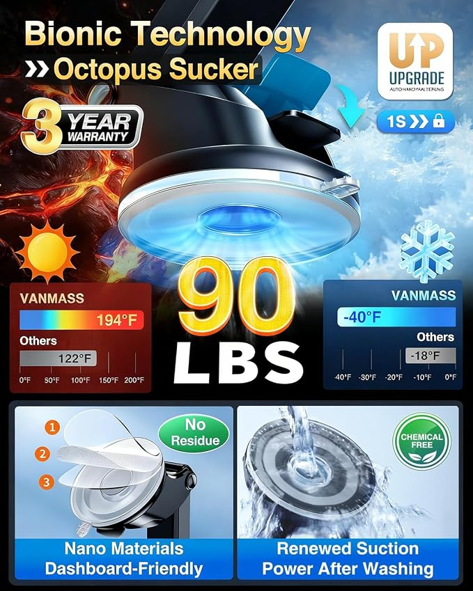VANMASS Universal Car Phone Holder 2026【Strongest Suction & Military-Grade】Phone Holders for Your Car Windshield Dashboard Vent with【Patent & Safety Certs】Cell Phone Mount for iPhone Samsung Android