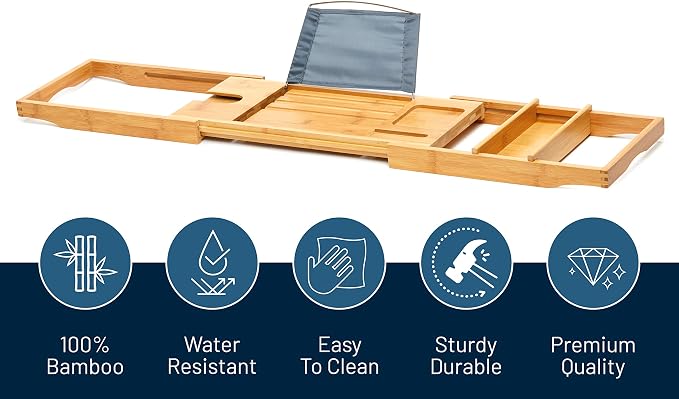 RoyalHouse Bamboo Bathtub Caddy Tray, Expandable Bath Table Over Tub with Glass Book, Adjustable Organizer Tray for Bathroom, Wine and Phone Holder, Ideal Gift for Family & Friends (Pack 2)