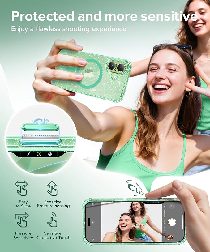 BERFY for iPhone 17 Case for Women, Clear Glitter Shockproof Protective Case, Anti-Yellowing, with Screen Protector & Camera Lens Protector 6.3", Magnetic Sparkle Green
