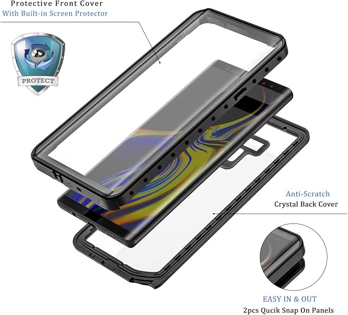 Lanhiem for Galaxy Note 9 Phone Case, IP68 Waterproof Dustproof Shockproof Case with Built-in Screen Protector, Full Body Underwater Protective Clear Cover for Samsung Galaxy Note 9, Black