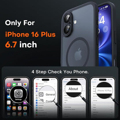 TOCOL for iPhone 16 Plus Case, Compatible with MagSafe, Full Camera Protection Shockproof Military-Grade Magnetic Translucent Matte Back Bumper Phone 16 Plus Cover 6.7-inch（Black）