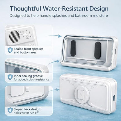 Waterproof Shower Phone Holder with Built-in Bluetooth Speaker, Wall Mount Touch Screen Phone Case for Bathroom, Anti-Fog Window, Fits Smartphones up to 7”, Hands-Free Video & Music (White)