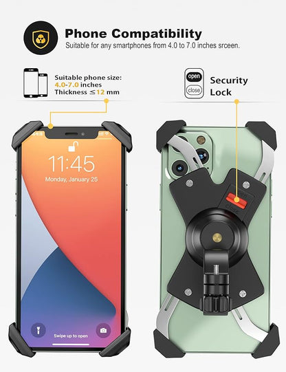 Grefay Bike Phone Mount Metal Motorcycle Handlebar Phone Holder Scooter Phone Clamp for 4.0-7.0 Inch Smartphone with 360° Rotation