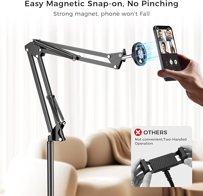 Magnetic Bed Phone Holder for Laying Down, Bedside Floor Stand with Adjustable Arm for iPhone, Headboard Phone Mount for Reading Watch Movies