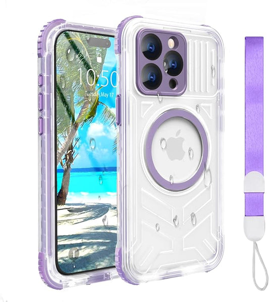 for iPhone 15 Pro Waterproof Case, IP68 Underwater Case Built-in Screen Protector, 360 Full Body Compatible with MagSafe, 12FT Military Grade, Slim Translucent Protective Cover 6.1 inch Purple