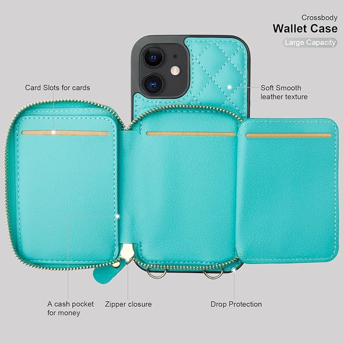 Bocasal Crossbody Wallet Case for iPhone 12/12 Pro, RFID Blocking PU Leather Zipper Handbag Purse Flip Cover, Kickstand Folio Case with Card Slots Holder Wrist Strap Lanyard 5G 6.1 Inch (Mint Green)