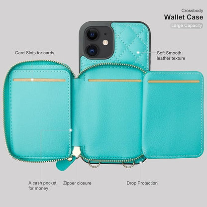 Bocasal Crossbody Wallet Case for iPhone 12/12 Pro, RFID Blocking PU Leather Zipper Handbag Purse Flip Cover, Kickstand Folio Case with Card Slots Holder Wrist Strap Lanyard 5G 6.1 Inch (Mint Green)