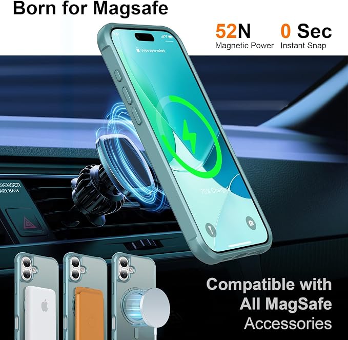 360° Magnetic Swivel Ring for iPhone 16 case, Built-in Metal Stand and Ring Holder, Magsafe Compatible, Military Grade Protection, Shock and Vibration Resistant-Lake Blue