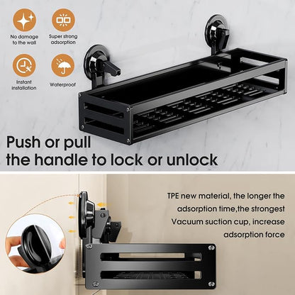 Shower Caddy Suction Cup, 15.7 inch 2 Pack Suction Shower Shelf with Hooks NO-Drilling Bathroom Holder, Rustproof Bathroom Organizer, Black,Includes 2 Extra Suction Cups for Replacement Use