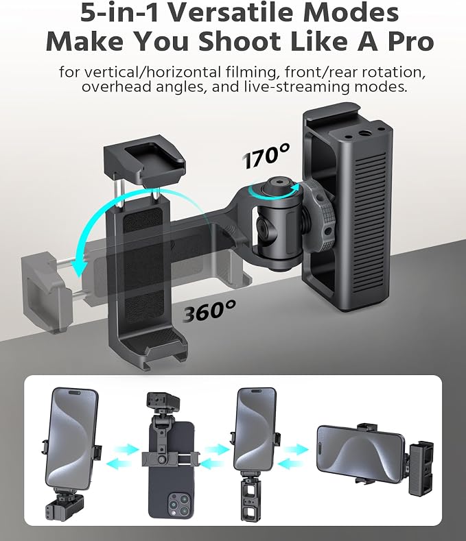 Phone Clip Rig Stabilizer for Smartphone, Lightweight Handheld Vlogging Rig with 360° Rotation, Grip & Cold Shoe Mounts | Compatible with Most Smartphones (for Cold Shoe Standard)
