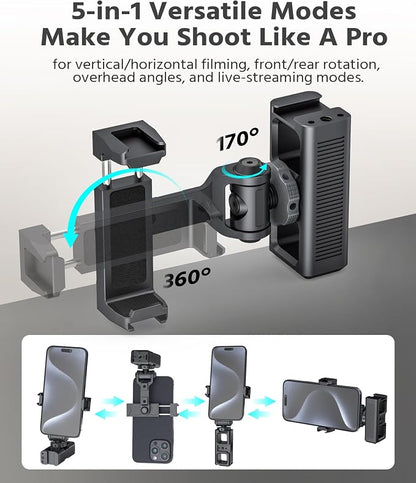 Phone Clip Rig Stabilizer for Smartphone, Lightweight Handheld Vlogging Rig with 360° Rotation, Grip & Cold Shoe Mounts | Compatible with Most Smartphones (for Cold Shoe Standard)