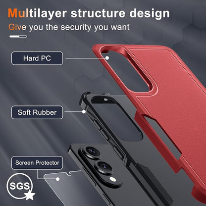 RMOCR Case for Samsung Galaxy S25 Edge, Full Body Heavy Duty Rugged Shockproof Protective Phone Cover with Lanyard Strap, Tempered Glass Screen Protector and Camera Lens Cover, Red