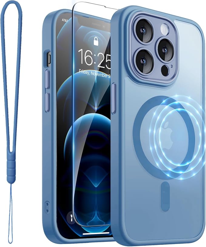 ROYBENS for iPhone 12 Pro-Max Matte Clear Case Compatible with Magsafe, Full Camera Lens Protection, Screen Protector, Wrist Strap, Translucent Magnetic Slim Hard Protective Phone Cover, Blue