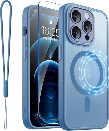 ROYBENS for iPhone 12 Pro-Max Matte Clear Case Compatible with Magsafe, Full Camera Lens Protection, Screen Protector, Wrist Strap, Translucent Magnetic Slim Hard Protective Phone Cover, Blue