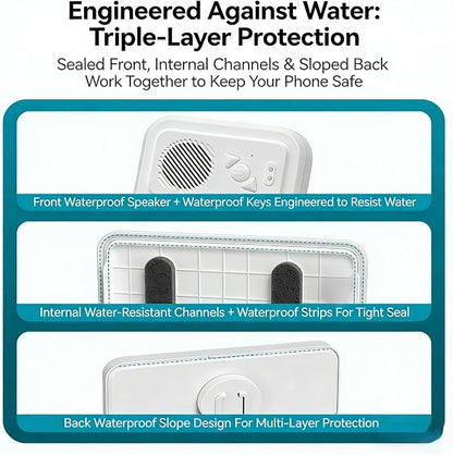 Bluetooth Shower Phone Holder with Speaker, Upgraded Water Proof Phone Holder for Shower,Adjustable Waterproof Box Speaker,Hands-Free Music&Video,360° Rotation,Fixed Mount for Bathroom (1, Standard)
