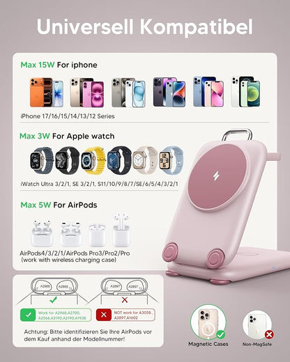 PaktVault 2026 Traveling Fast Wireless Charging Station for Apple Devices, Magnetic 3 in 1 MagSafe Charger Stand for iPhone 17 16 15 14 13 12 Pro Max Plus Air, Apple Watch&Air pods Pro, Pink