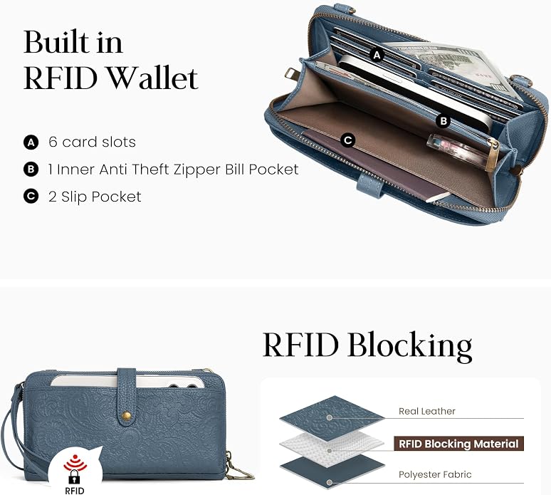 befen Leather Wristlet Wallet for Women Cell Phone Purse with Built in Wallet Vintage Leather Crossdody Bag Clutch Purse