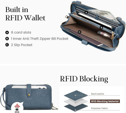 befen Leather Wristlet Wallet for Women Cell Phone Purse with Built in Wallet Vintage Leather Crossdody Bag Clutch Purse
