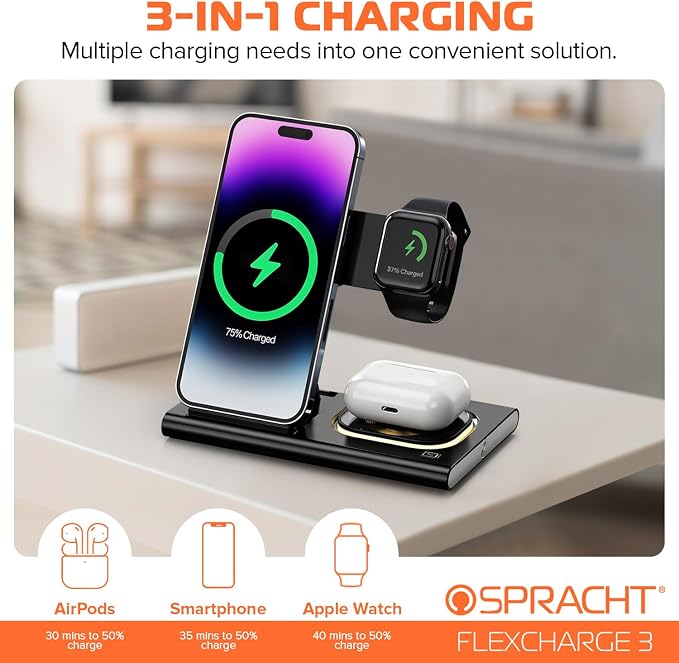 Spracht Flex Charge 3-3 in 1 Charging Station, Portable Charging Station for Smartphones, Smart Watches, Earbuds – 25W Fast Wireless Charger Stand Night Light – Foldable Travel Charger 3 in 1 (Black)