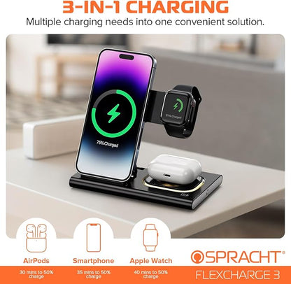 Spracht Flex Charge 3-3 in 1 Charging Station, Portable Charging Station for Smartphones, Smart Watches, Earbuds – 25W Fast Wireless Charger Stand Night Light – Foldable Travel Charger 3 in 1 (Black)