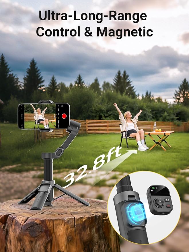 AOCHUAN Smart X3 360° Pan Rotation Gimbal Stabilizer for iPhone, Magnetic Remote Control, 3-Axis Stabilizer w/Built-in Extension Rod & One-Touch Open Tripod, Foldable Phone Gimbal for Vlogging, Travel