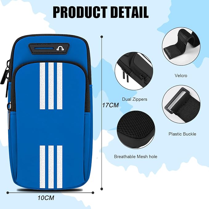 Armband Cell Phone Holder for Running Arm Band iPhone 17 16 15 14 13 12 11 Pro Max 16e Xs Xr X Plus Mini Samsung Galaxy Ultra Note Airpods Pouch Women Men Kids,Runner Gym Walking Arm Bag Blue
