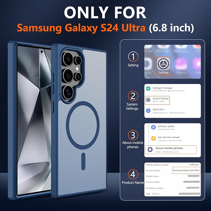 For Samsung Galaxy S24 Ultra Case [Compatible with Magsafe] Translucent Matte Magnetic Phone Case,Slim Thin Duty Shockproof Protection Cover with 2pc Screen Protector Case for S 24 Ultra-Dark blue