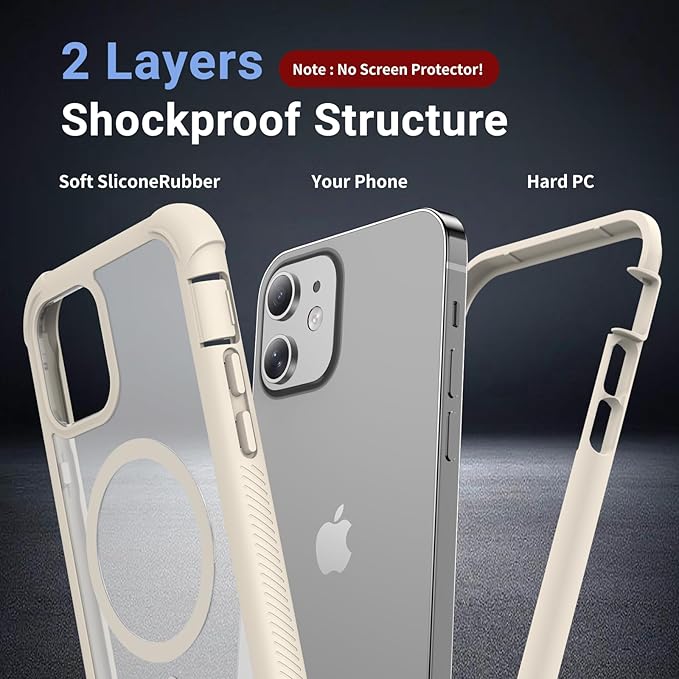 jaroco Magnetic for iPhone 12/12 Pro Case, [Compatible with MagSafe][Military Grade Drop Protection][Heavy Duty Protection][Non-Slip][Shockproof] 2-Layer Durable Bumper Phone Case 6.1''-Antique White