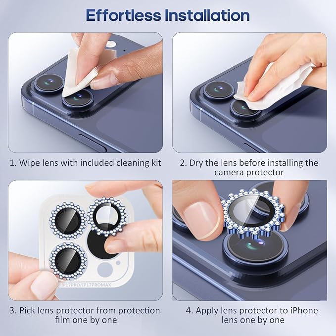 Xfilm for iPhone 17 Pro / 17 Pro Max Camera Lens Protector Gear Bling Diamond, Individual Metal with 9H Hardness, Scratch-Proof Camera Screen Protector, Stylish Accessories, Case Friendly (Blue)