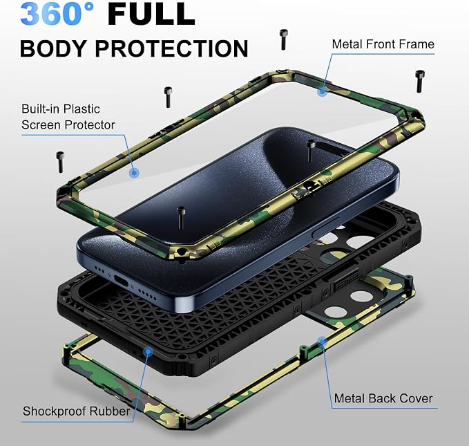 Beasyjoy Compatible with iPhone 15 Pro Max Case Waterproof, Metal Heavy Duty Full Body Protective Case with Built-in Screen Protector, Military Grade Shockproof Defender Rugged Cover 6.7", Camo
