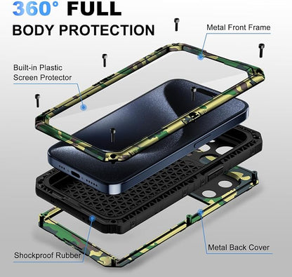 Beasyjoy Compatible with iPhone 15 Pro Max Case Waterproof, Metal Heavy Duty Full Body Protective Case with Built-in Screen Protector, Military Grade Shockproof Defender Rugged Cover 6.7", Camo