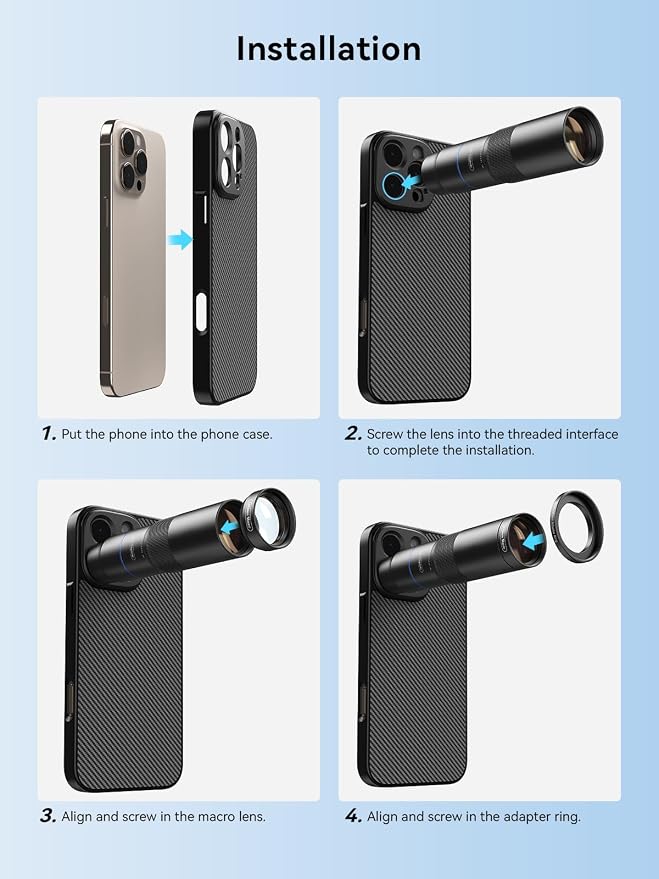 MIAO LAB HD 10X Telephoto Lens & 200mm Macro Lens, 2-in-1 Aluminum Phone Camera Lens Kit with 17mm Lens Thread Interface Mobile Phone case. Phone Lens Attachment Fit for iPhone 16 Pro Max