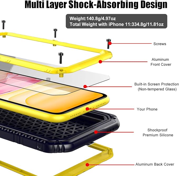 Beasyjoy Waterproof iPhone 11 Case - Metal Military Grade Defender with Built-in Screen Protector, Heavy Duty Rugged Shockproof Underwater Case (Yellow)