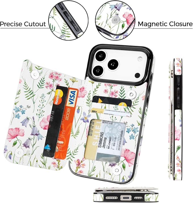 uCOLOR for iPhone 17 Pro Max Wallet Case with Card Holder PU Leather RFID Blocking Design iPhone 17 Pro Max flip case for Women Men Magnetic Clasp Kickstand Design 6.9 inch (Pink Flowers)