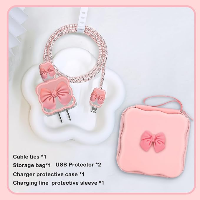 CameCosy DIY Phone Charger Storage Case Cover Sets for iPhone with Cable Protector Earphone Wire Saver, Lovely Travel Storage Bag, Cute Cable Charger Protector Cord Organizer (Pink Bow Tie)