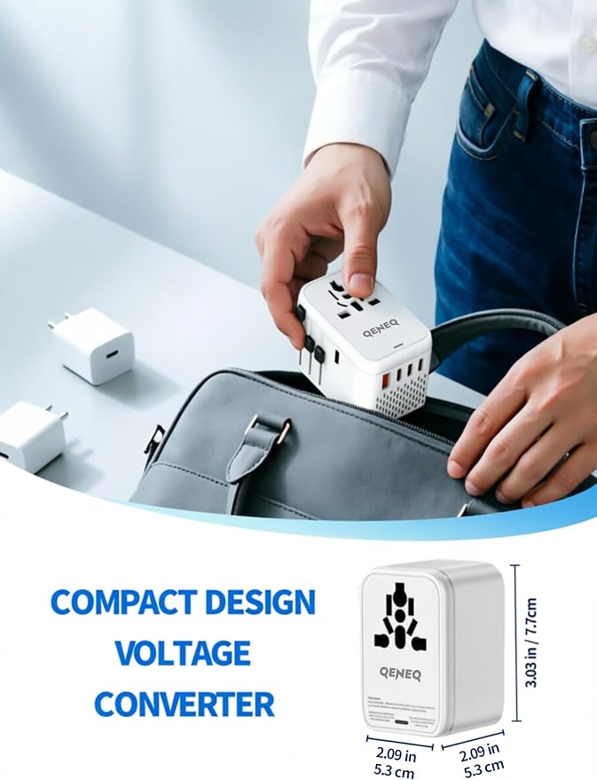220V to 110V Converter Universal Travel Adapter Compact Voltage Converter Step Down Power Adapter with 3 USB C & USB A Ports US Canada to Europe Plug Adapter UK AU for Hair Dryer (White)