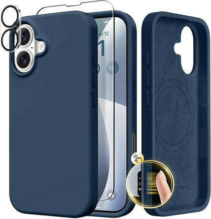 GONEZ Magnetic for iPhone 17 Case, Compatible with MagSafe, [Screen Protector + Camera Lens Protector], Liquid Silicone Anti-Scratch Shockproof Protective Phone Case 6.3 inch, Dark Blue