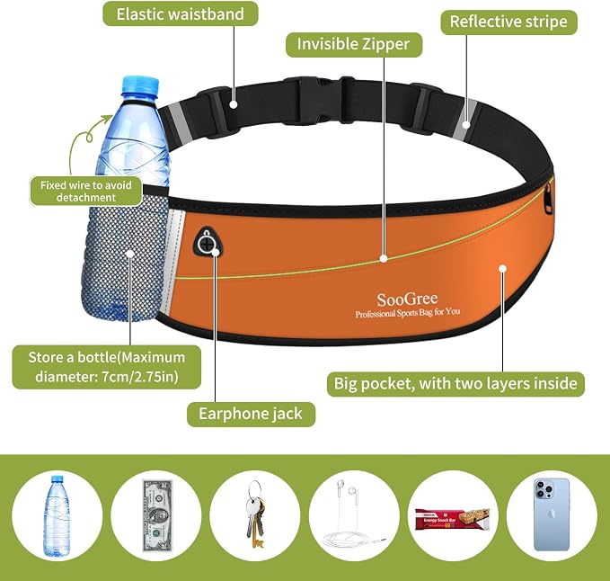 SooGree Slim Running Belt Fanny Packs for Women Men,Water Bottle Holder Hydration Fanny Pouch,Waterproof Sport Waist Pack with Reflective Strip,Runner Belt Bag for Running Cycling Camping Gym (Orange)