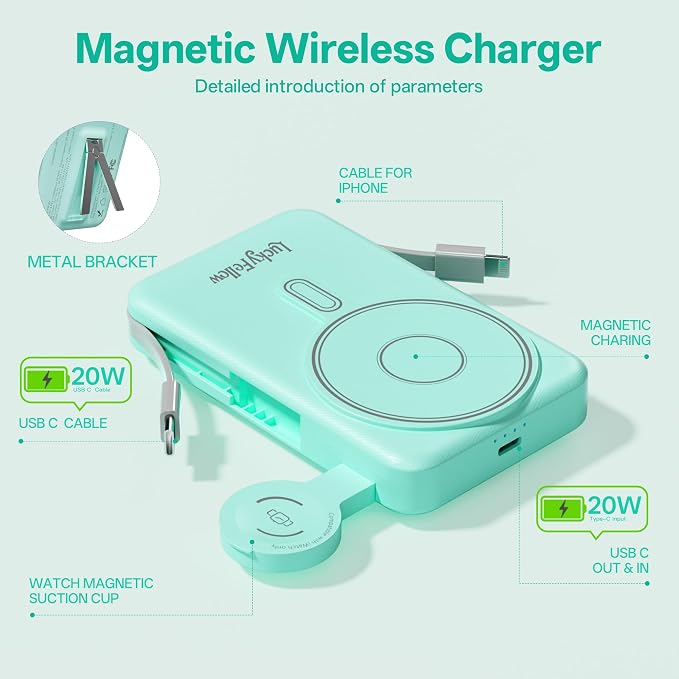Magnetic Portable Charger Built-in Cables,10000mAh Fast Charging Wireless Charger Station External Battery Pack Slim Pocket Size Power Bank with Stand Compatible with iWatch, iPhone
