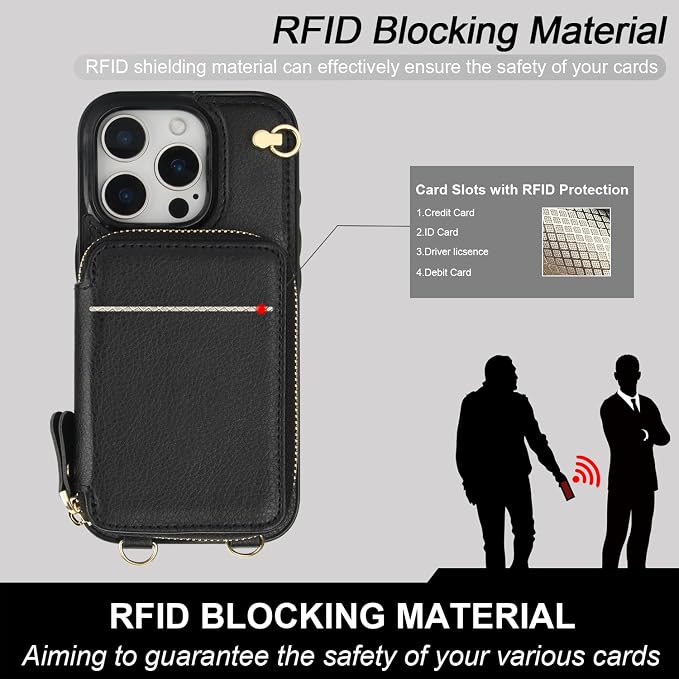 Bocasal Crossbody Wallet Case for iPhone 16 Pro, RFID Blocking Leather Purse Case with Card Holder, Protective Handbag Flip Cover with Zipper Wrist Strap Lanyard for Women 5G 6.3 Inch (Black)