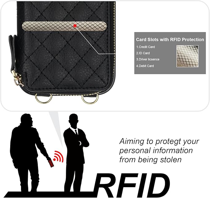 Bocasal Crossbody Wallet Case for iPhone 17 Pro, RFID Blocking PU Leather Zipper Handbag Purse Flip Cover, Kickstand Folio Case with Card Slots Holder Wrist Strap Lanyard 5G 6.3 Inch (Black)