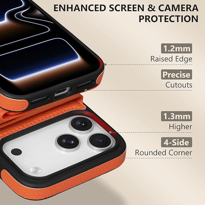 Keallce Case for iPhone 17 Pro 6.3'' Crossbody Wallet Case, Lanyards & Wrist Straps with Phone Tabs, Flip Case with RFID Blocking 4 Card Holder Slots Kickstand, Protective Cover for Women, Orange