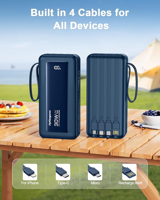 Portable Charger 27000mAh 30W Fast Charging Power Bank | Built-in Cables, LED Display, 6 Outputs & 2 Inputs, USB C Battery Pack, Compatible with iPhone, Samsung, Google