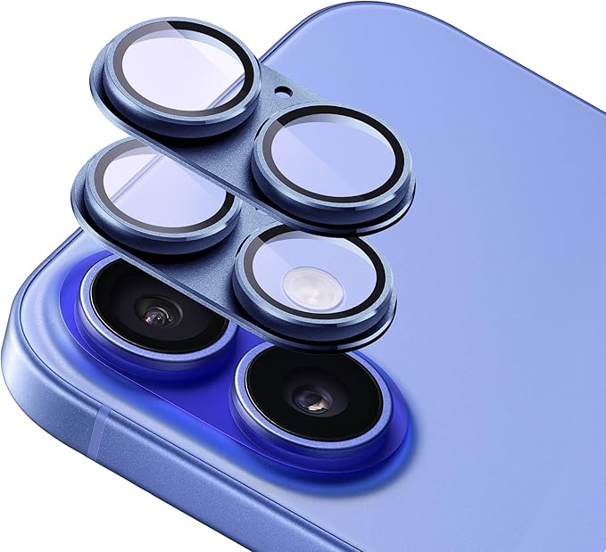 2-Pack Shatterproof Camera Lens Protector for iPhone 16/16 Plus |AR Tempered Glass Strong Adsorption Metal Camera Cover Screen(Azure)