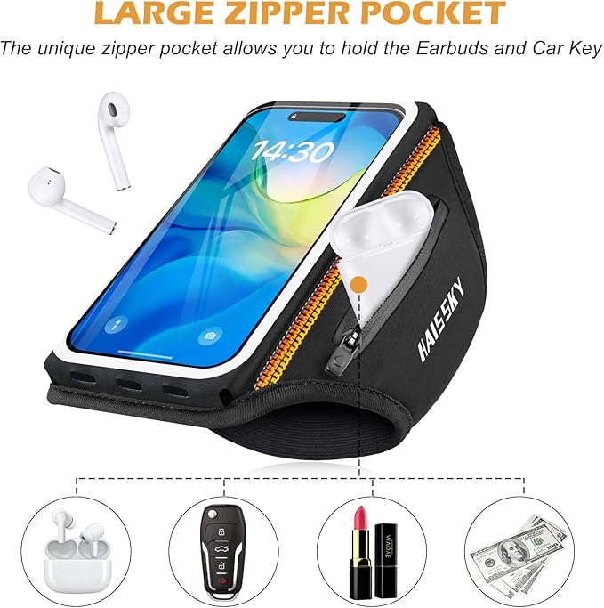 Running Armband with Earphone Bag Cell Phone Armband for iPhone 17 16 15 Pro 14 Plus 13 11 XR, Galaxy S24/S10 Water Resistant Sports Phone Holder Case & Zipper Slot Car Key Holder for 6.9 inch Phone