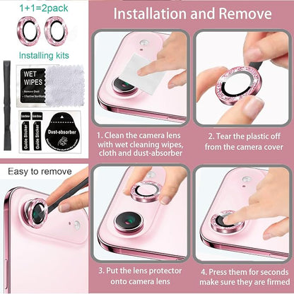 Compatible for iPhone Air Camera Lens Protector Bling, Cute Sparkle Glitter Camera Cover for Women, Individual Ring, Anti-Scratch 2 Pack Protectors for 17 Air (1 Rugular Use + 1 Extra), Pink