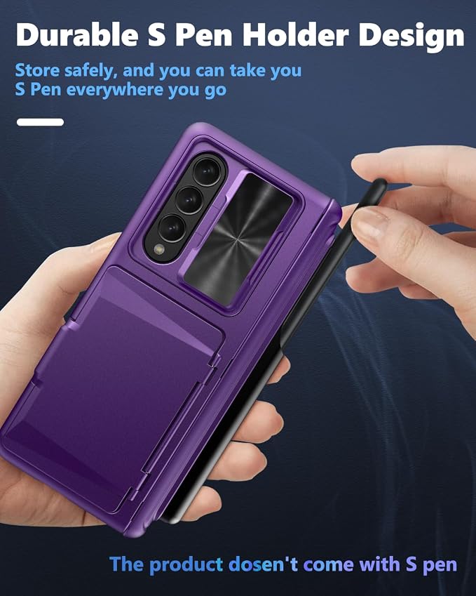 Viaotaily for Galaxy Z Fold 4 Case with Card Holder & S Pen Holder & Slide Lens Cover, Built-in Hinge Protection & Screen Protector, Durable Sturdy Phone Cover for Galaxy Z Fold 4, Dark Purple