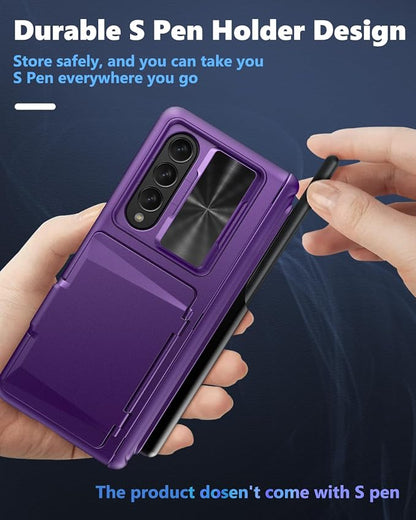 Viaotaily for Galaxy Z Fold 4 Case with Card Holder & S Pen Holder & Slide Lens Cover, Built-in Hinge Protection & Screen Protector, Durable Sturdy Phone Cover for Galaxy Z Fold 4, Dark Purple